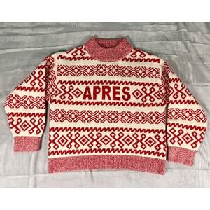 Holiday Après Ski Sweater Womens L New Day Red Cream Sparkle Fair Isle Chunky